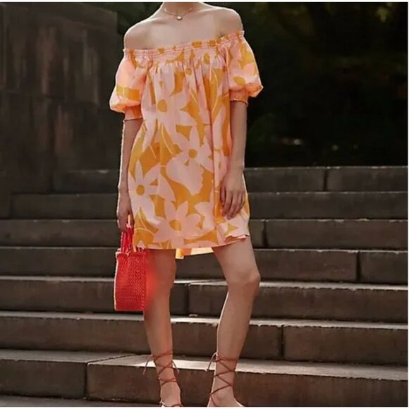 Free People Mila Printed Mini Dress in Tangerine Combo Orange & Pink Size L - Picture 1 of 7